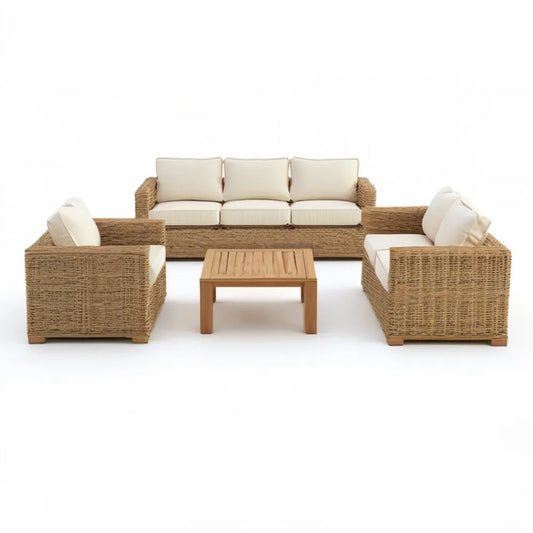 Beżowy zestaw mebli ogrodowych z plecionki PE: sofa 3-osobowa 200 × 80 × 75 cm, 2 fotele i stolik