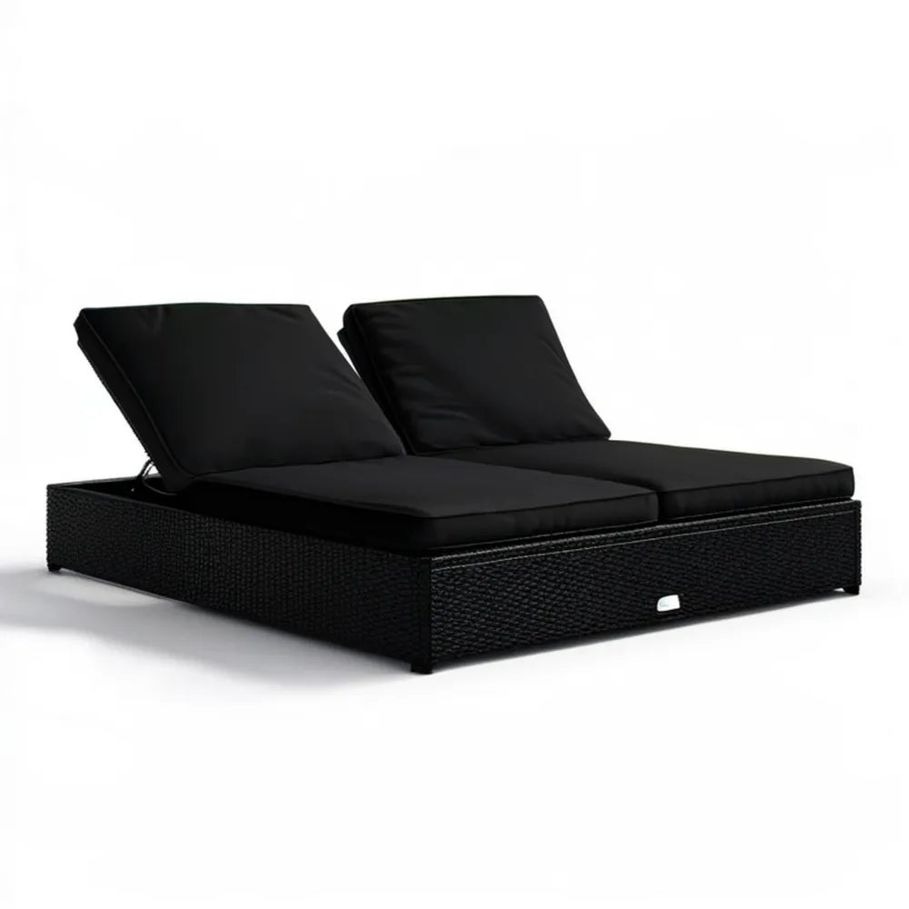 Dwuosobowy leżak ogrodowy z technorattanu PE czarny 200 x 140 cm z regulowanymi oparciami