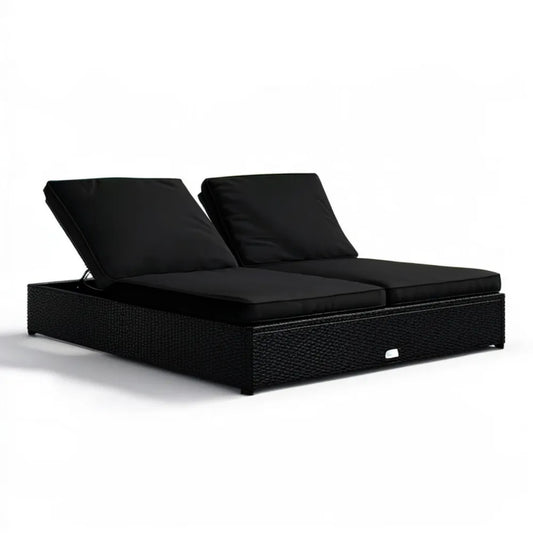 Dwuosobowy leżak ogrodowy z technorattanu PE czarny 200 x 140 cm z regulowanymi oparciami