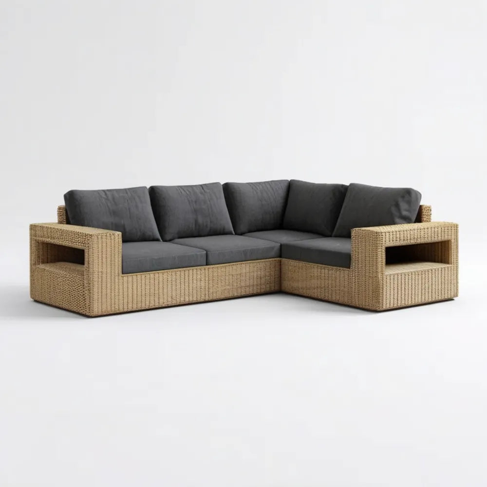 Narożna sofa ogrodowa z technorattanu PE, beżowo-ciemnoszara, 240 x 180 x 75 cm