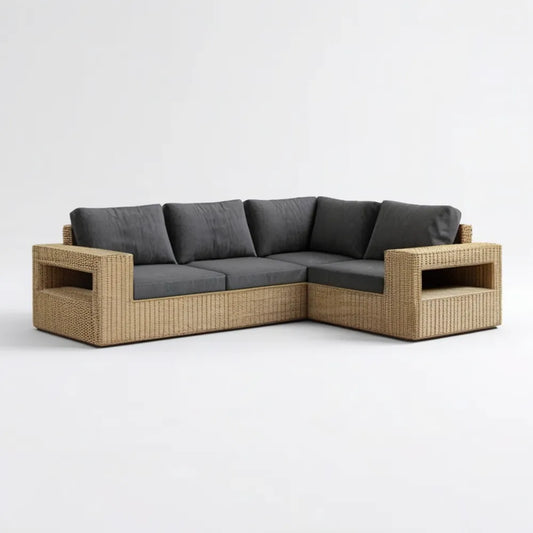 Narożna sofa ogrodowa z technorattanu PE, beżowo-ciemnoszara, 240 x 180 x 75 cm